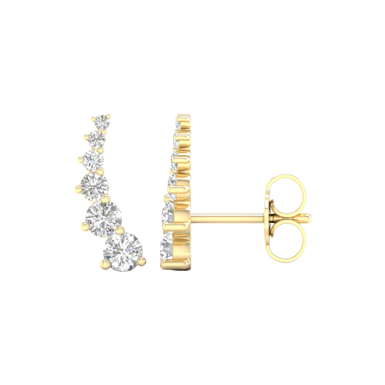 A front view of Amorati Diamonds 14K yellow gold delicate diamond climber earring highlighting its elegant curve and post.