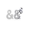 An angled view of a pair of 14K white gold stud earrings, showcasing the sparkling ampersand shape.