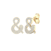 An angled view of a pair of 14K yellow gold stud earrings, showcasing the sparkling ampersand shape.