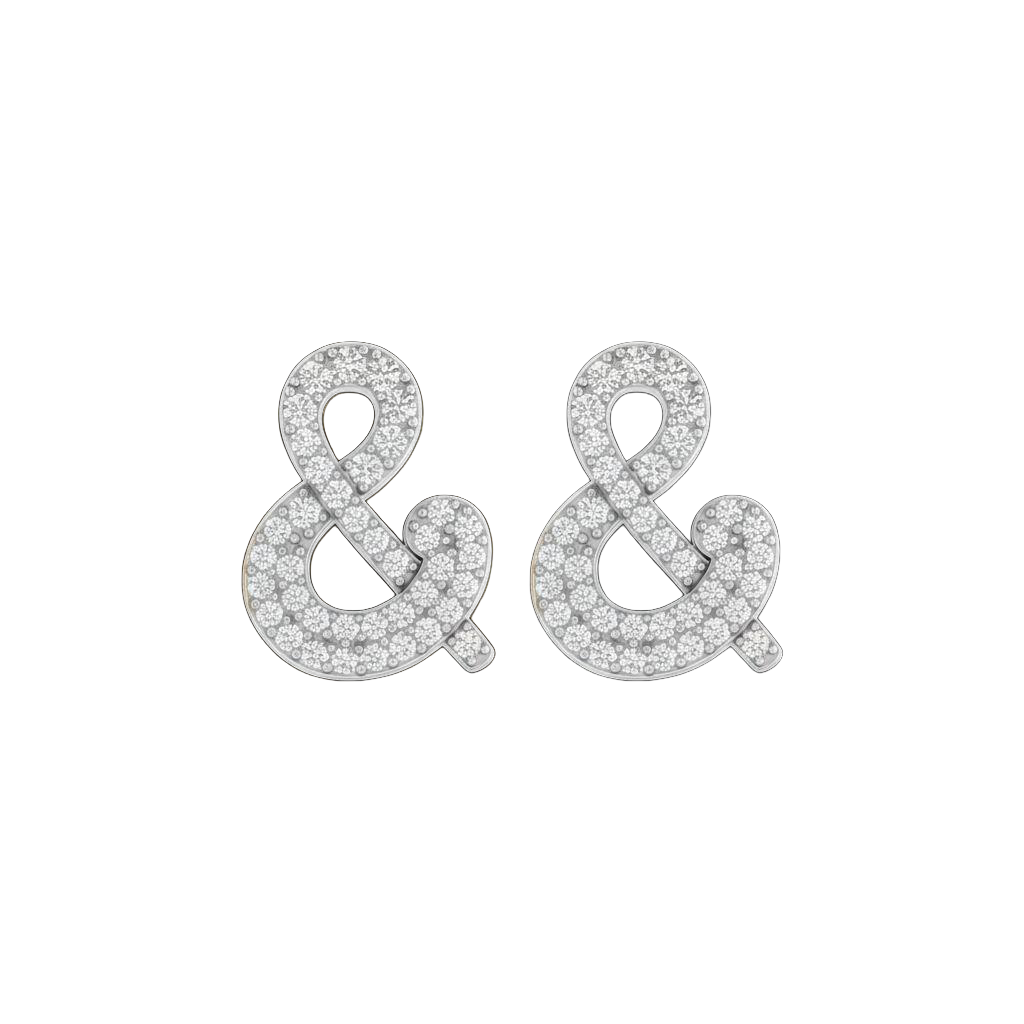 A pair of 14K white gold stud earrings shaped like an ampersand and covered in pavé diamonds, shown from the front.