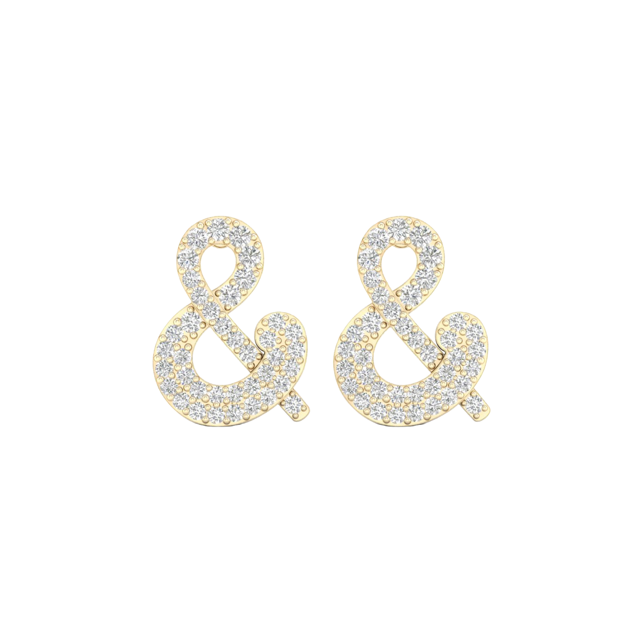 A pair of 14K yellow gold stud earrings shaped like an ampersand and covered in pavé diamonds, shown from the front.