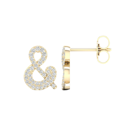 A front and side view of a pair of 14K yellow gold stud earrings, showcasing the sparkling ampersand shape.