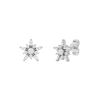 A pair of 14K white gold stud earrings with a starburst design, featuring blue baguettes and gold beads, shown from the front.