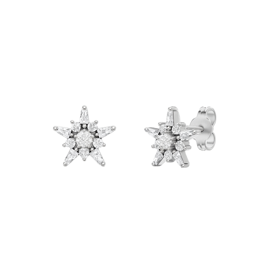 A pair of 14K white gold stud earrings with a starburst design, featuring blue baguettes and gold beads, shown from the front.