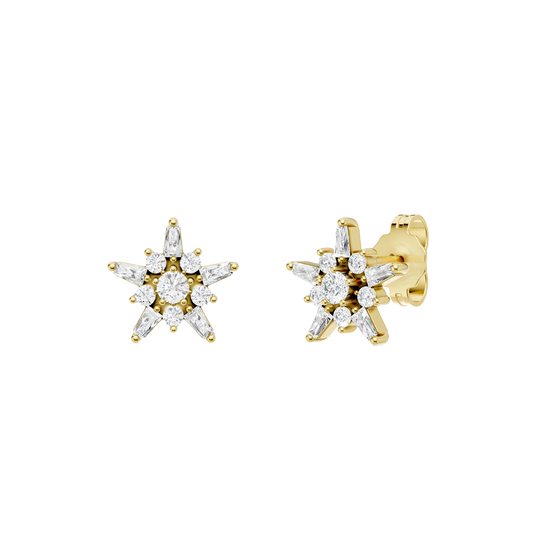 A side front and angle view of a pair of 14K yellow gold stud earrings with a starburst design, featuring blue baguettes and gold beads.