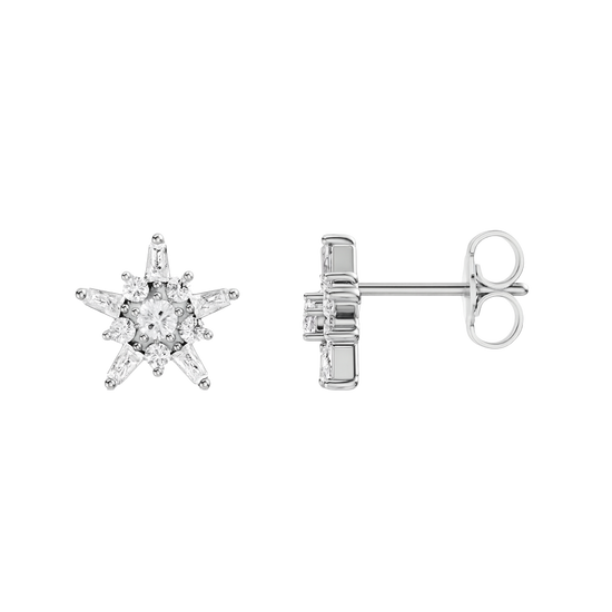 A front and side view of a pair of 14K white gold stud earrings with a starburst design, featuring blue baguettes and gold beads.