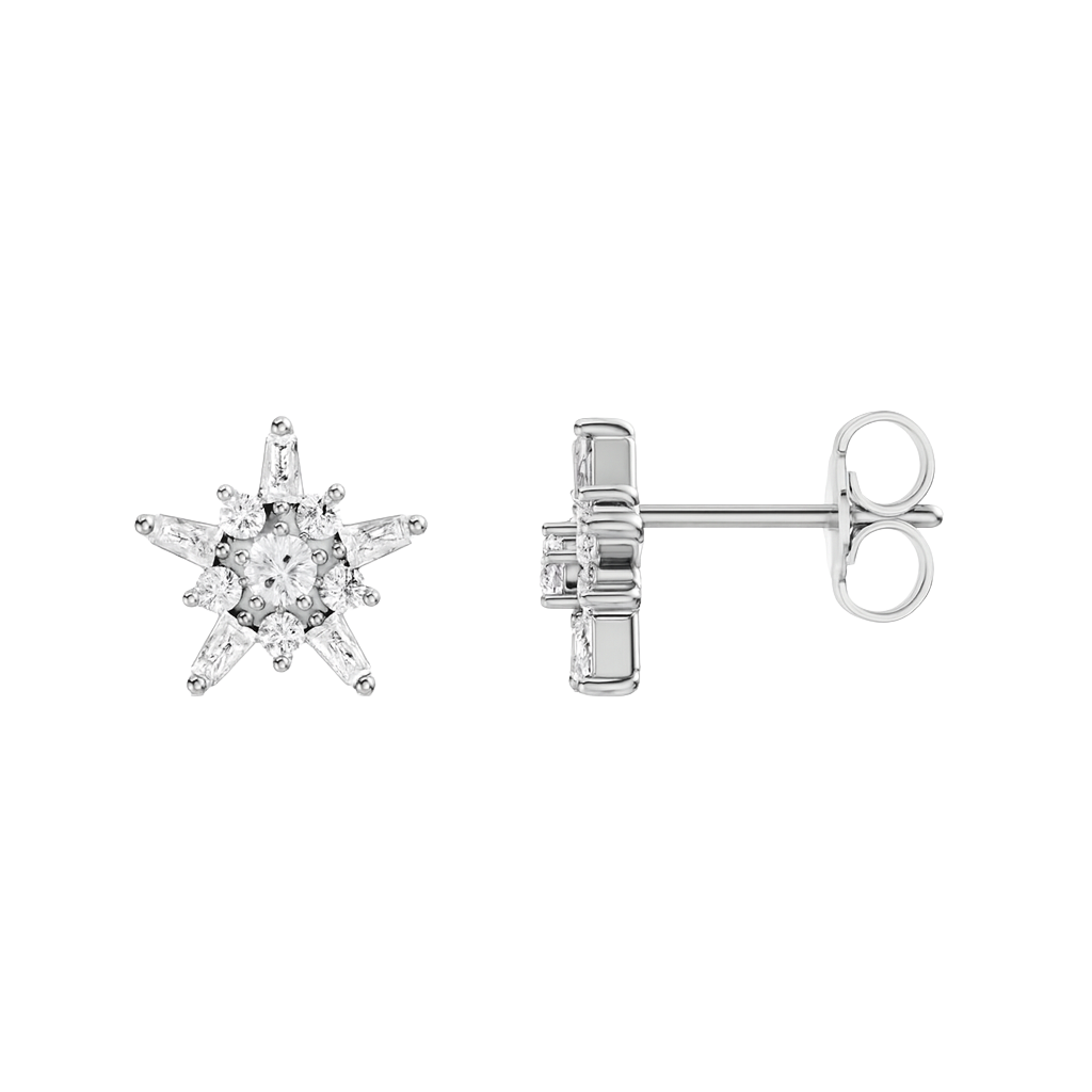 A front and side view of a pair of 14K white gold stud earrings with a starburst design, featuring blue baguettes and gold beads.