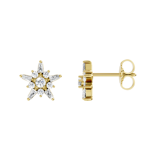 A front and side view of a pair of 14K yellow gold stud earrings with a starburst design, featuring blue baguettes and gold beads.