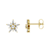 A front and side view of a pair of 14K yellow gold stud earrings with a starburst design, featuring blue baguettes and gold beads.