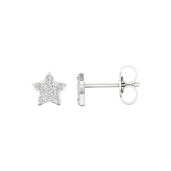 A front and side view of a pair of 14K white gold star-shaped stud earrings with pavé diamonds, featuring the full design.
