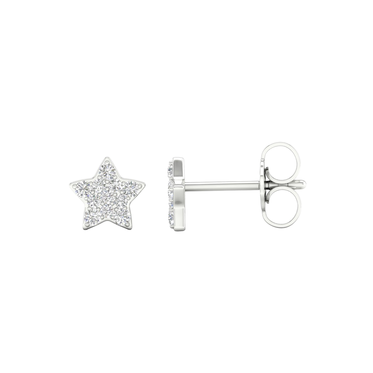 A front and side view of a pair of 14K white gold star-shaped stud earrings with pavé diamonds, featuring the full design.