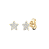 An angled view of a pair of 14K yellow gold star-shaped stud earrings with pavé diamonds, showcasing the full design.