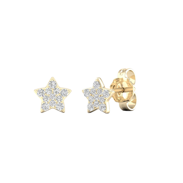An angled view of a pair of 14K yellow gold star-shaped stud earrings with pavé diamonds, showcasing the full design.