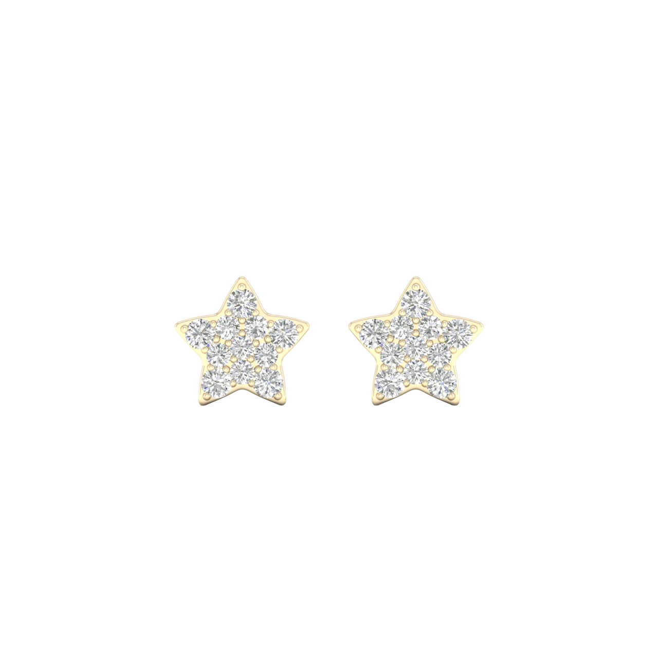 A pair of 14K yellow gold star-shaped stud earrings with pavé diamonds, shown from the front. 

   A pair of 14K yellow gold stud earrings, with a yellow diamond at the center and a halo of white diamonds, shown from the front.