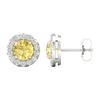 An angled and side view of a pair of 14K white gold stud earrings, with a with a 2 carat total weight VS+  yellow diamond at the center and a halo of white diamonds, showcasing the full design.