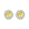 A pair of 14K white gold stud earrings, with a 2 carat total weight VS+ yellow diamond at the center and a halo of white diamonds, shown from the front.