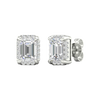 Angled view of white gold emerald-cut halo diamond stud earrings highlighting the clean step-cut facets, halo sparkle, and polished metal finish.