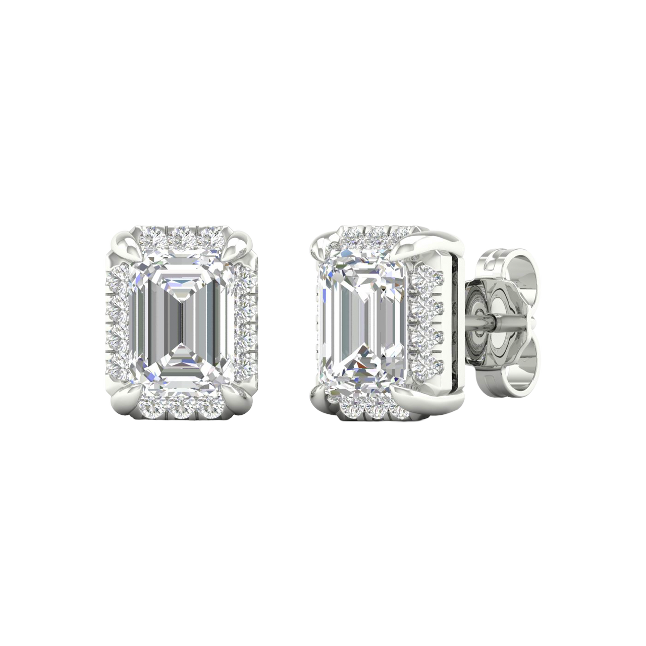Angled view of white gold emerald-cut halo diamond stud earrings highlighting the clean step-cut facets, halo sparkle, and polished metal finish.
