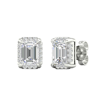 Angled view of white gold emerald-cut halo diamond stud earrings highlighting the clean step-cut facets, halo sparkle, and polished metal finish.