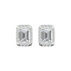 Front view of emerald-cut diamond halo stud earrings in white gold, featuring a step-cut emerald center diamond framed by a pavé diamond halo.