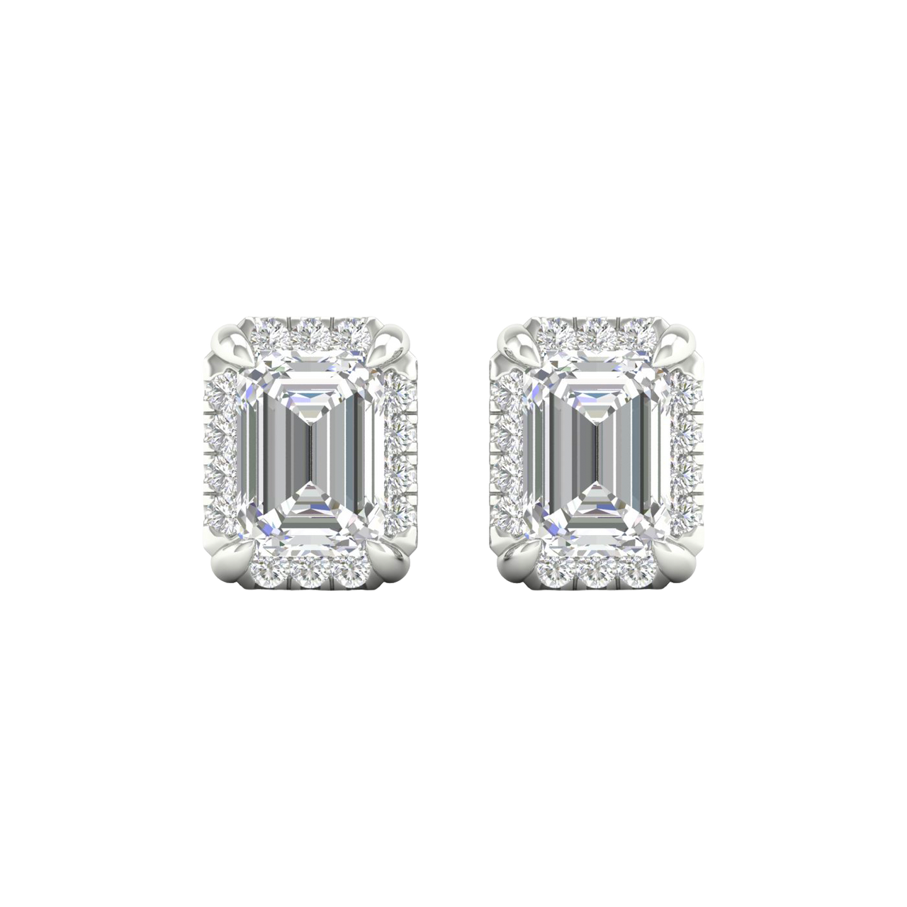 Front view of emerald-cut diamond halo stud earrings in white gold, featuring a step-cut emerald center diamond framed by a pavé diamond halo.