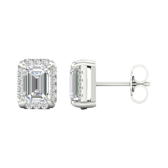 Side profile of white gold emerald-cut halo diamond stud earrings showcasing the structured setting, secure prongs, and refined halo construction.