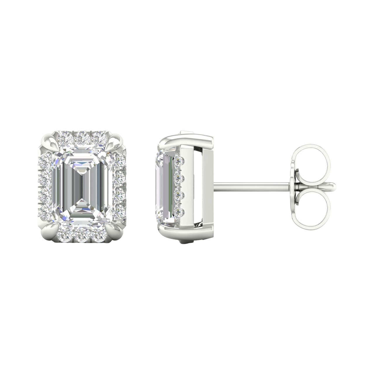 Side profile of white gold emerald-cut halo diamond stud earrings showcasing the structured setting, secure prongs, and refined halo construction.