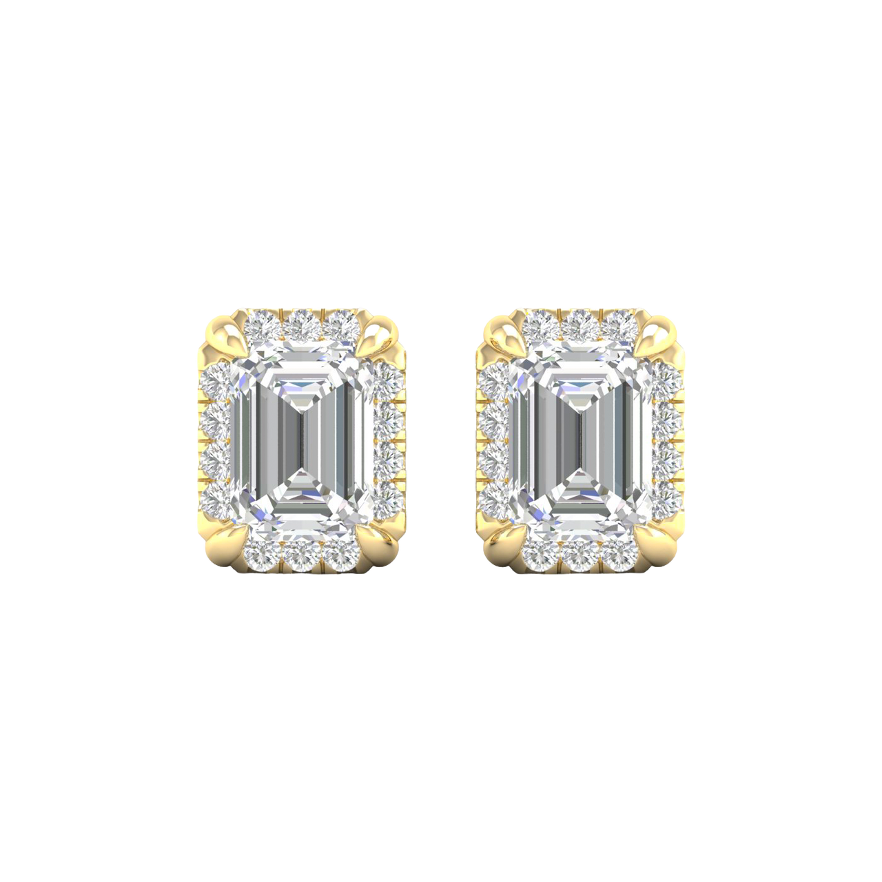 Front view of emerald-cut diamond halo stud earrings in yellow gold, featuring a bold step-cut center diamond surrounded by a pavé diamond halo.