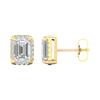 Side profile of yellow gold emerald-cut halo diamond stud earrings showing the structured setting, prong placement, and refined craftsmanship.