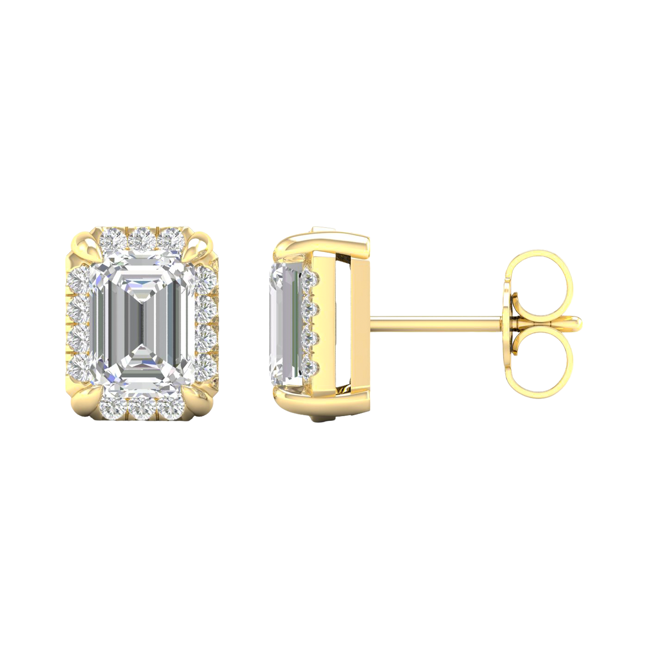 Side profile of yellow gold emerald-cut halo diamond stud earrings showing the structured setting, prong placement, and refined craftsmanship.