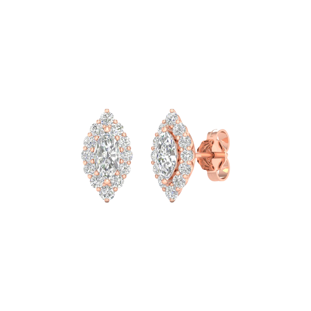 An angled view of a pair of 14K rose gold stud earrings, showcasing the ornate diamond cluster and halo.