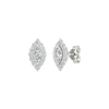 An angled view of a pair of 14K white gold stud earrings, showcasing the ornate diamond cluster and halo.