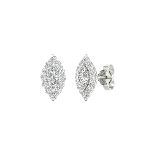 An angled view of a pair of 14K white gold stud earrings, showcasing the ornate diamond cluster and halo.