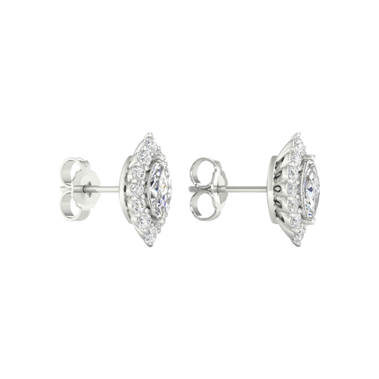 A front and side view of 14K white gold stud earrings with marquise-shaped diamond clusters framed by a halo.
