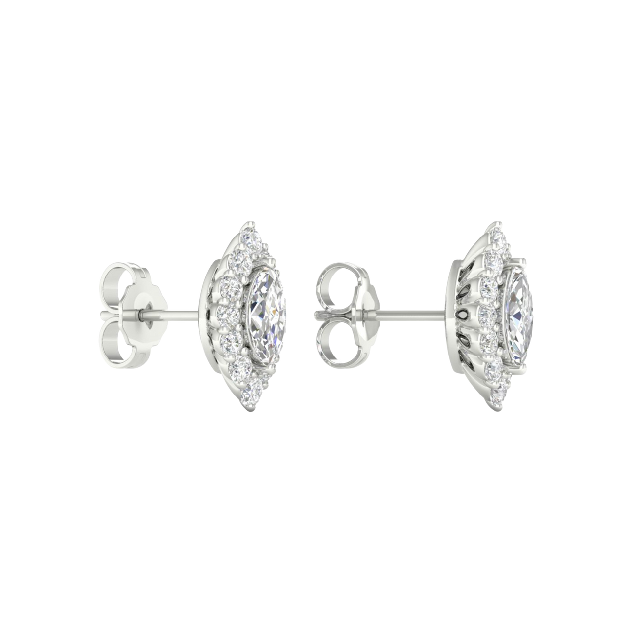 A front and side view of 14K white gold stud earrings with marquise-shaped diamond clusters framed by a halo.