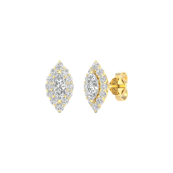 An angled view of a pair of 14K yellow gold stud earrings, showcasing the ornate diamond cluster and halo.