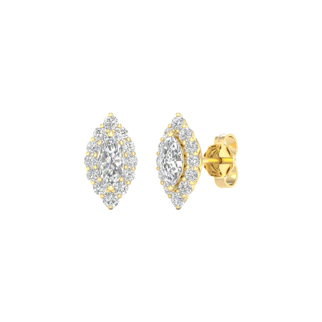 An angled view of a pair of 14K yellow gold stud earrings, showcasing the ornate diamond cluster and halo.