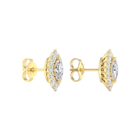 A front and side view of 14K yellow gold stud earrings with marquise-shaped diamond clusters framed by a halo.