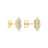 A front and side view of 14K yellow gold stud earrings with marquise-shaped diamond clusters framed by a halo.