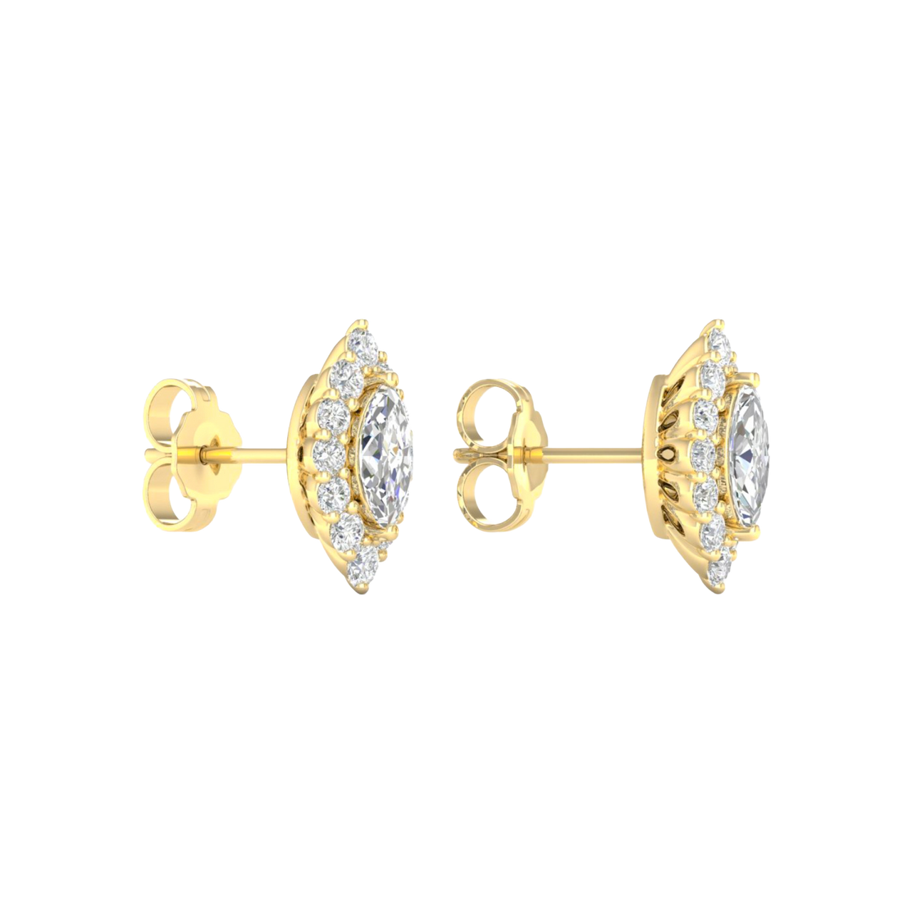 A front and side view of 14K yellow gold stud earrings with marquise-shaped diamond clusters framed by a halo.