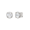 Angled view of white gold round halo diamond stud earrings highlighting center stone brilliance, halo sparkle, and polished metal finish.