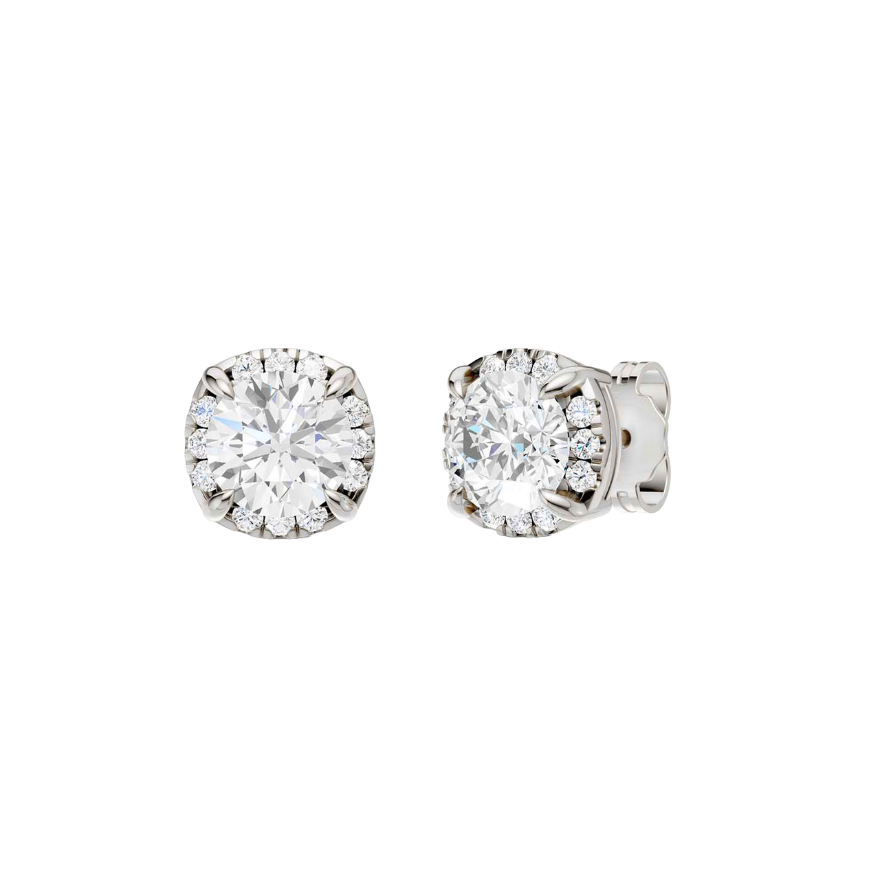 Angled view of white gold round halo diamond stud earrings highlighting center stone brilliance, halo sparkle, and polished metal finish.