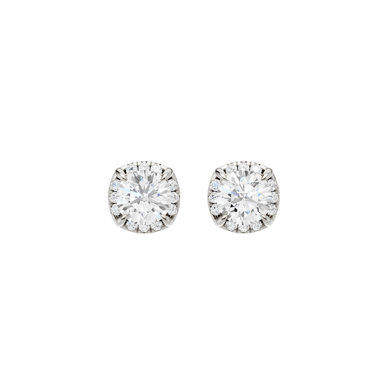 Front view of round halo diamond stud earrings in white gold, featuring a brilliant round center diamond surrounded by a pavé diamond halo.