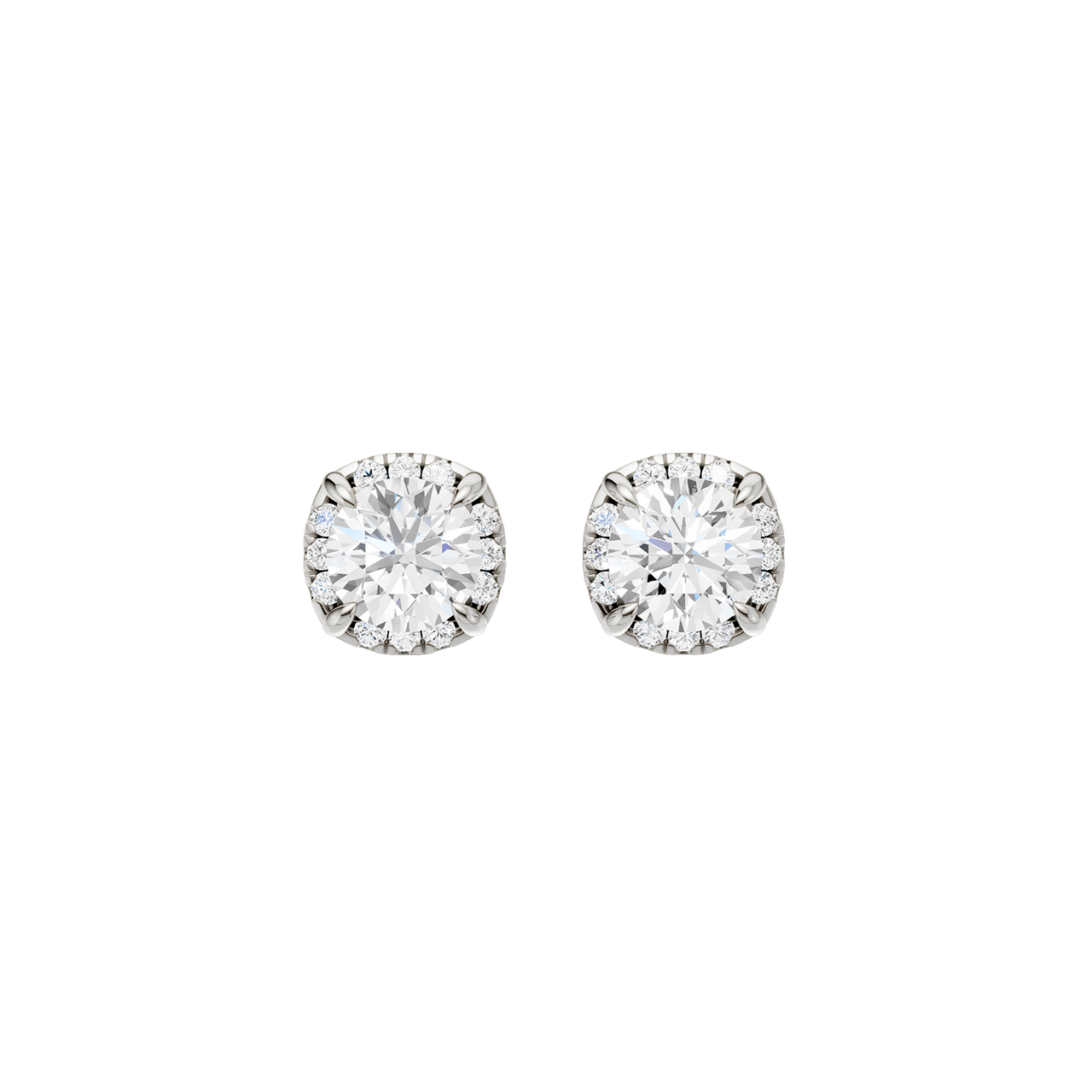 Front view of round halo diamond stud earrings in white gold, featuring a brilliant round center diamond surrounded by a pavé diamond halo.