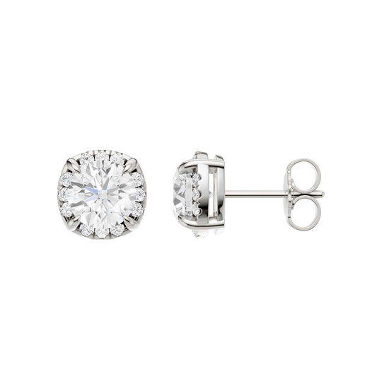 Side profile of white gold round halo diamond stud earrings showcasing the elevated setting, secure prongs, and refined halo construction.