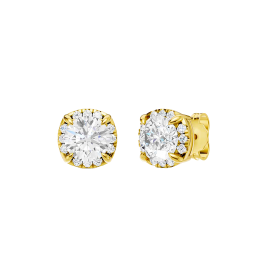 Angled view of yellow gold round halo diamond stud earrings highlighting warm gold tones, dimensional halo sparkle, and refined craftsmanship.
