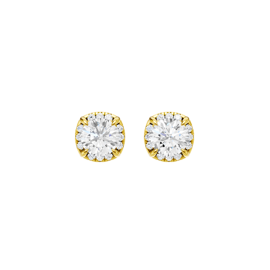 Front view of round halo diamond stud earrings in yellow gold, featuring a sparkling round center diamond framed by a pavé diamond halo.