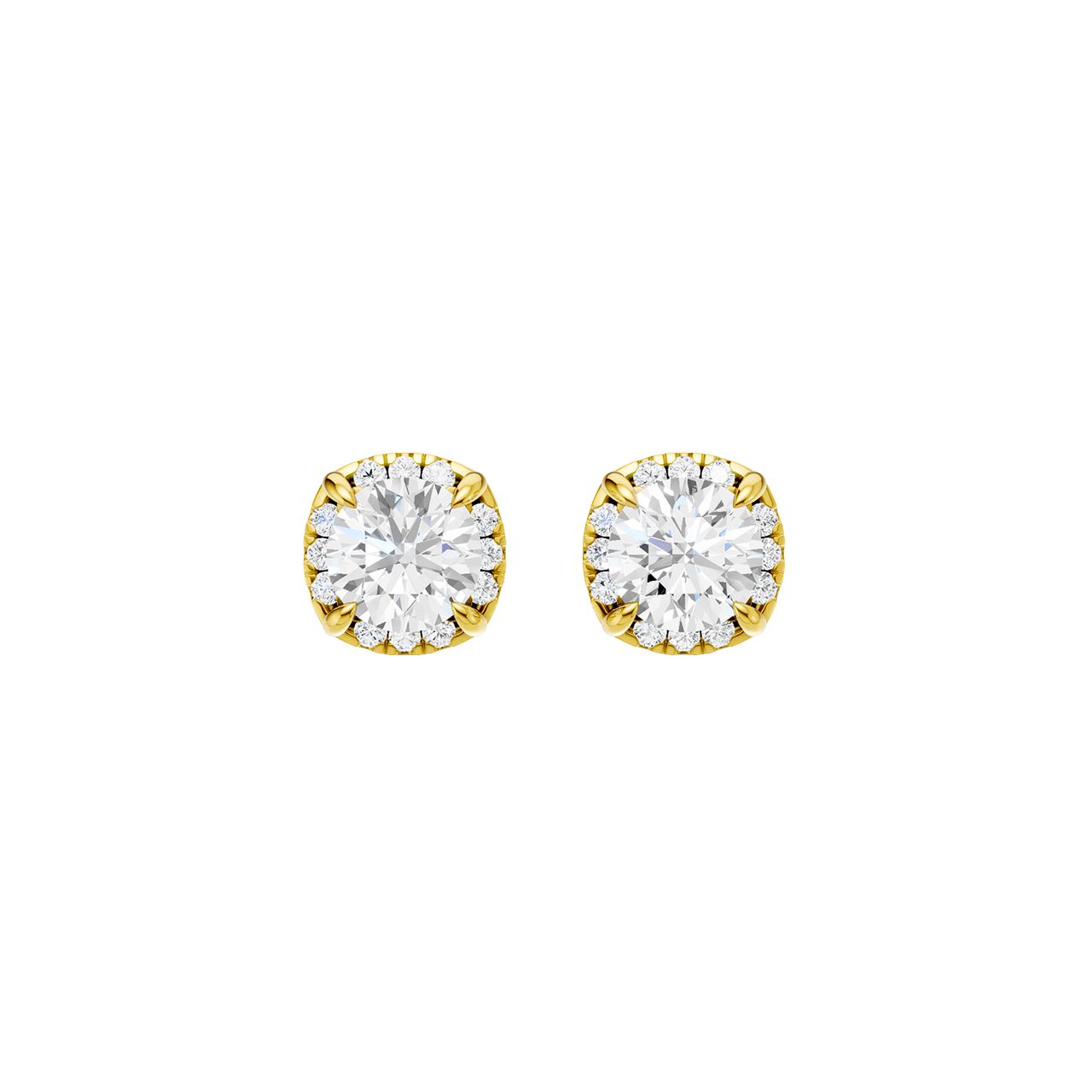 Front view of round halo diamond stud earrings in yellow gold, featuring a sparkling round center diamond framed by a pavé diamond halo.