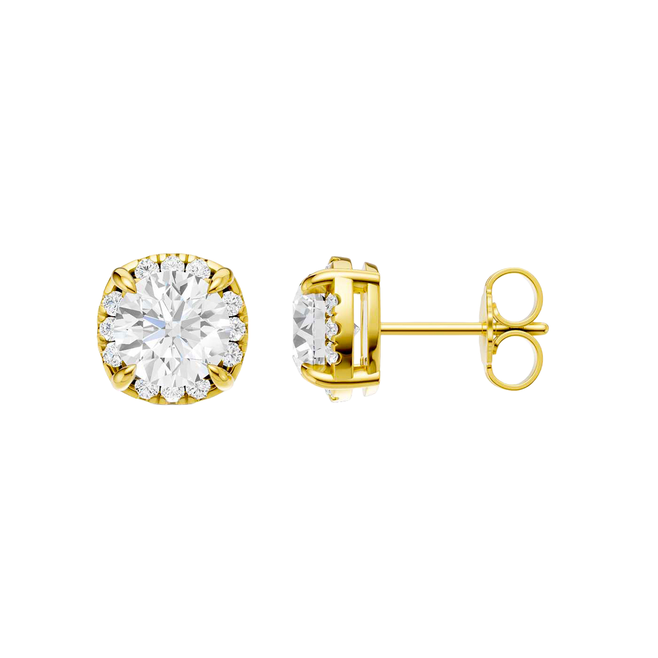 Side profile of yellow gold round halo diamond stud earrings showing the structured setting, prong placement, and pavé halo detail.
