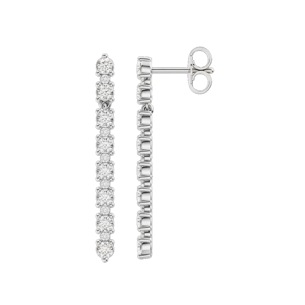 A front and side profile view of a 14K white gold vertical drop earring, showing the sleek design and a continuous line of diamonds.